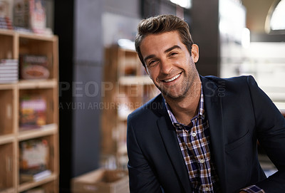 Buy stock photo Smile, pride and portrait of businessman in office with positive, good and confident attitude. Happy, career and face of professional financial advisor from Canada working on project in workplace.