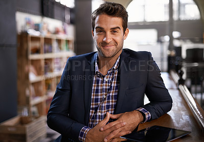 Buy stock photo Professional man at pub, happy in portrait and relax on a break and leaning against countertop in bistro. Hospitality industry, male business person at restaurant with smile on face and confidence