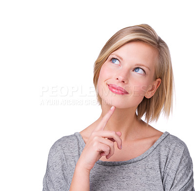 Buy stock photo An isolated studio shot of a beautiful young woman looking thoughtful