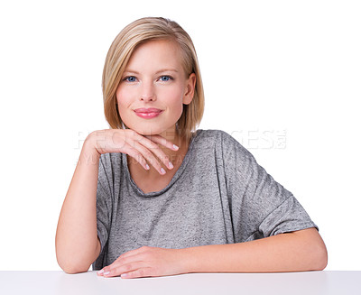 Buy stock photo Woman, portrait and cosmetic beauty in studio with confidence or makeup treatment, white background or table. Female person, face and model in Canada or skincare dermatology, wellness or mockup space