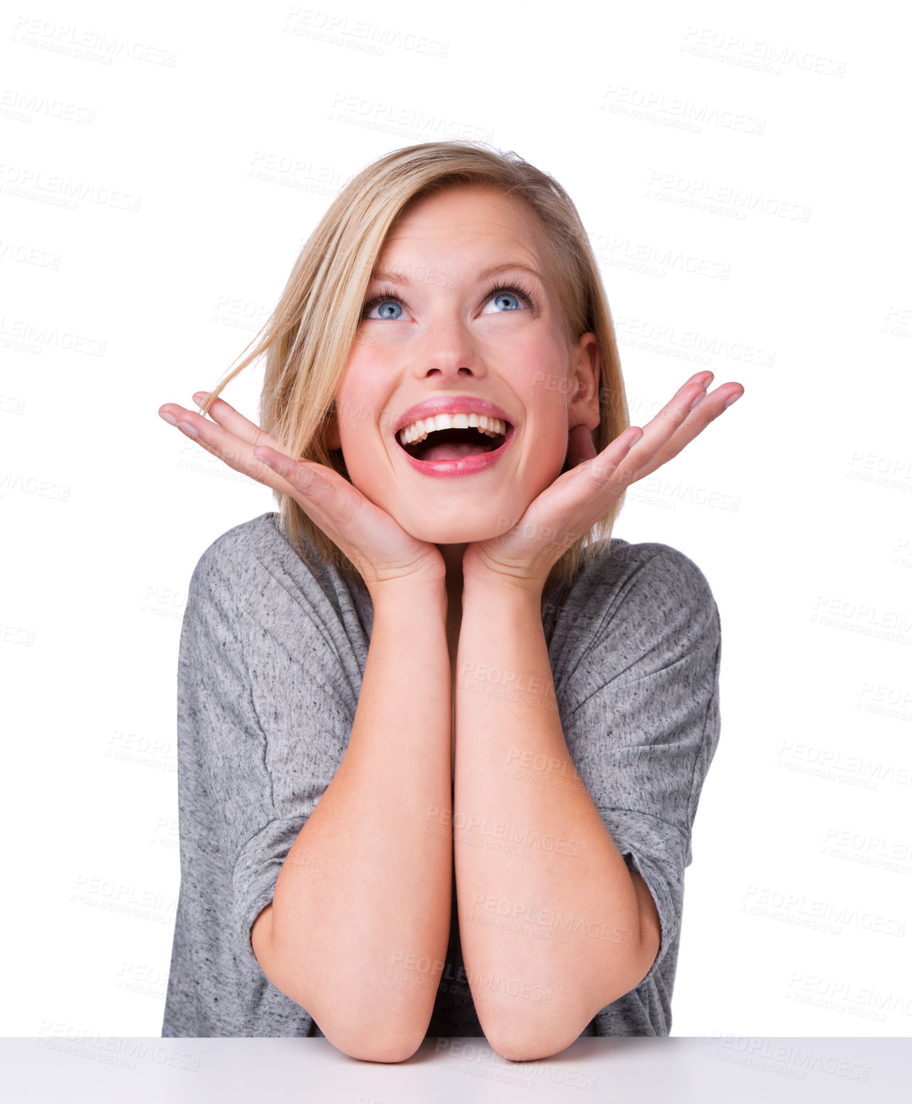 Buy stock photo Woman, surprised and happy in studio for deals, discount announcement and wow customer expression for sale. Notification, omg for good news and smile model on white background with mockup space