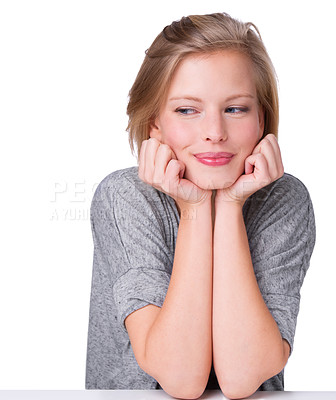 Buy stock photo Woman, smile and studio with hands, thinking or daydreaming or planning. Model, nostalgia or ideas with contemplating, wondering or playful or thoughtful and sitting isolated on white background