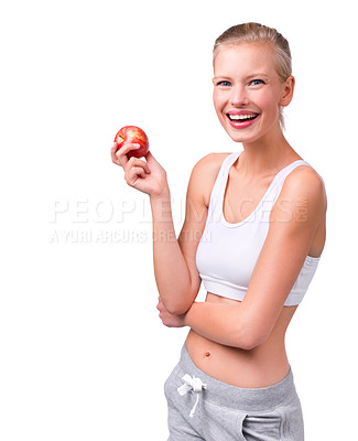 Buy stock photo Smile, woman and apple in studio, wellness and clean food for balance diet. Slimming and health eating habit with fruit and vitamin for nutrition and fibre for digestion, model on white background 