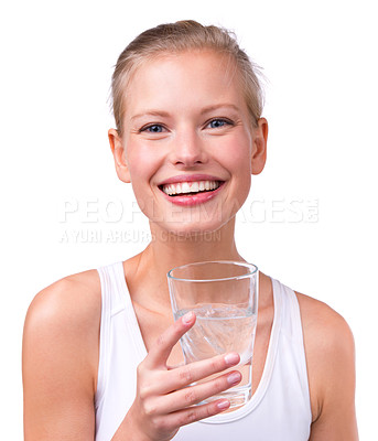 Buy stock photo Woman, portrait and happy with water in studio for nutrition, hydration and detox for healthy body, wellness and thirsty. Model, person and face with smile, beverage and liquid on white background