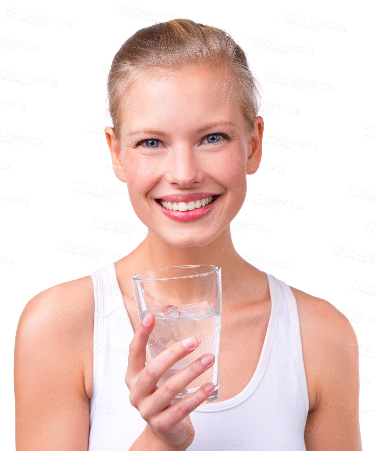 Buy stock photo Portrait, woman and health with water glass, smile and happy on white background. Young female, nutrition and wellness goals in studio for hydrate, refresh and thirst for detox and happiness