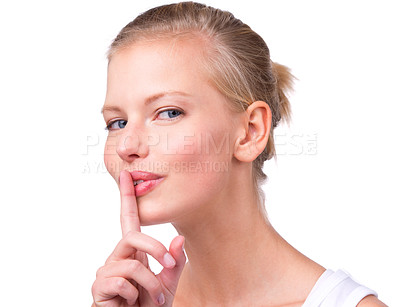Buy stock photo Woman, portrait and finger with secret in studio for noise, privacy and whisper for confidential mystery. Model, person and face with shush gesture for silence, gossip or surprise on white background