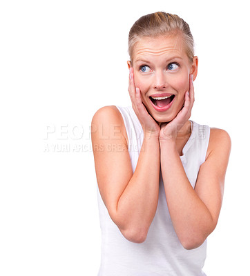 Buy stock photo Shot of a beautiful young woman looking surprised isolated on white