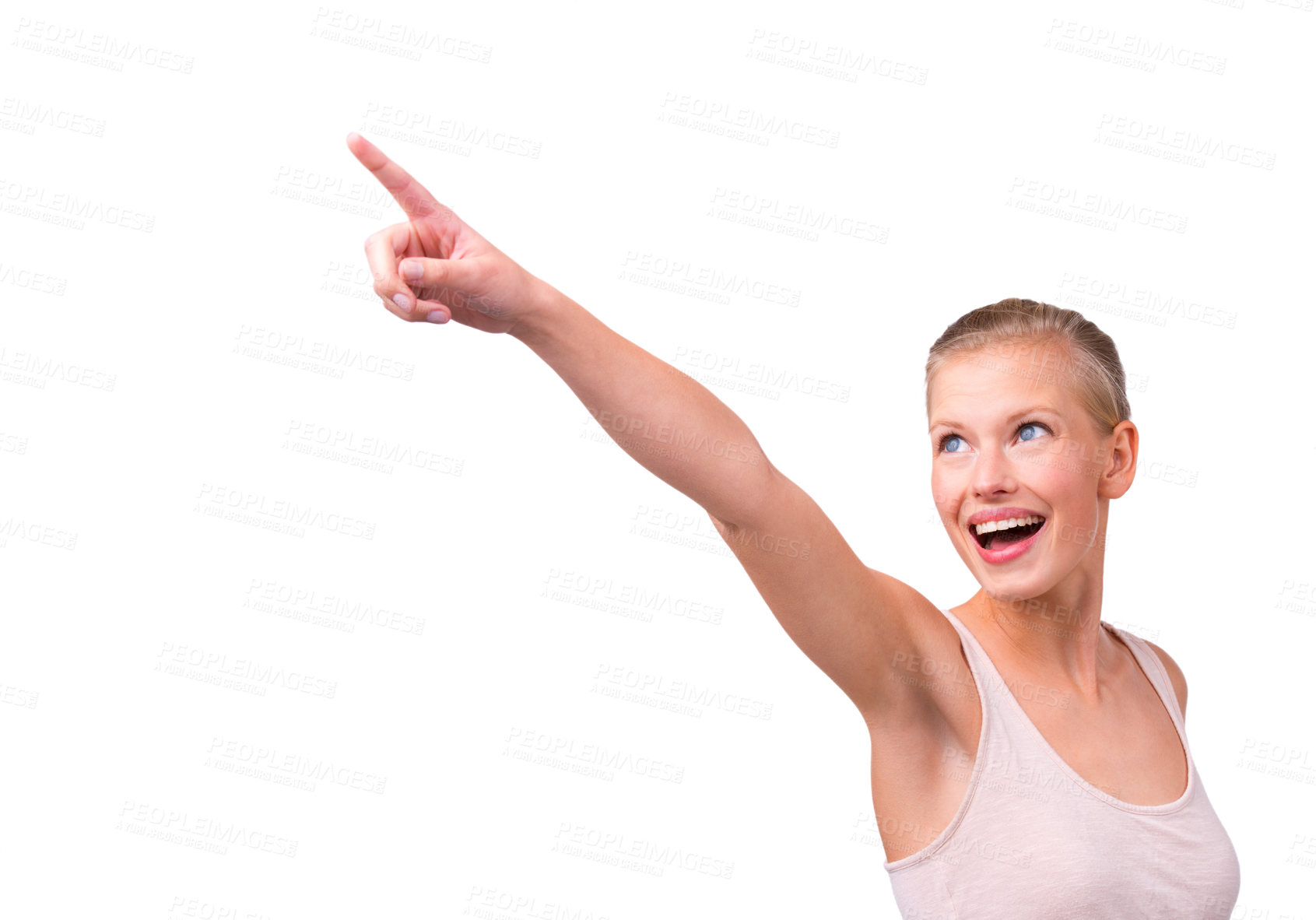 Buy stock photo Woman, pointing and beauty for promotion, marketing and wellness in studio by white background. Happy, female model person and hand gesture for advertisement, show or presentation with mockup space.