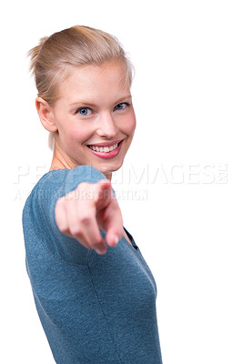 Buy stock photo Studio shot of a beautiful young woman pointing at the camera