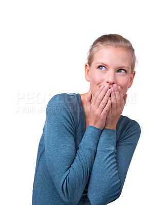 Buy stock photo A studio shot of a beautiful young woman looking surprised