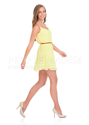 Buy stock photo Portrait, fashion dress and woman in studio isolated on a white background mock up. Makeup aesthetics, beauty and female model from Canada in designer, trendy or stylish and beautiful yellow outfit