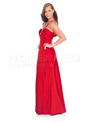 Buy stock photo Elegant, prom and portrait of a woman in a red dress for an event isolated on a white background in a studio. Happy, fashion and model in a silk ball gown for a celebration on a studio background