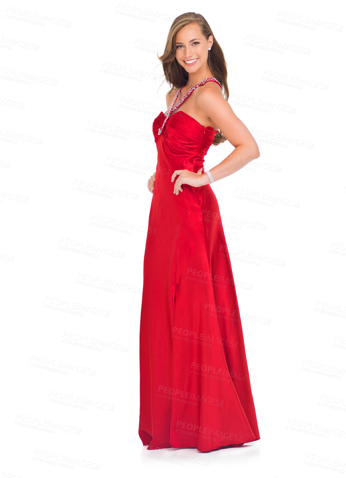 Buy stock photo Elegant, prom and portrait of a woman in a red dress for an event isolated on a white background in a studio. Happy, fashion and model in a silk ball gown for a celebration on a studio background