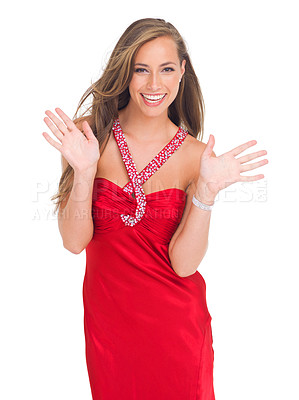 Buy stock photo Portrait, fashion and woman wave to welcome you in studio isolated on a white background. Face beauty, waving and greeting of happy female model from Canada in beautiful, trendy and stylish red dress