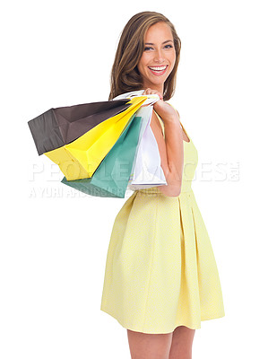 Buy stock photo Fashion, studio and portrait of woman with shopping bags isolated on white background. Black Friday, sales deals and happy, rich and wealthy female customer standing with gifts after buying at mall.