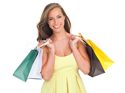 Buy stock photo Face portrait, fashion and woman with shopping bags in studio isolated on white background. Black Friday discount, sales deals or happy female customer with gifts after buying at mall or retail store