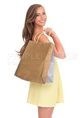 Buy stock photo Fashion portrait, shopping bags and woman in studio isolated on a white background. Black Friday, sales deals and happy, rich and wealthy female customer standing with gifts after buying at mall.