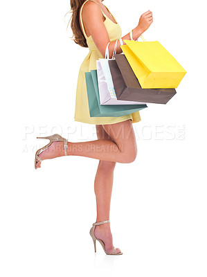 Buy stock photo Woman, bags and shopping for discount, sale and client isolated on white studio background. Female, shopper and customer with boutique items, expensive clothes and retail for fashion and high heels