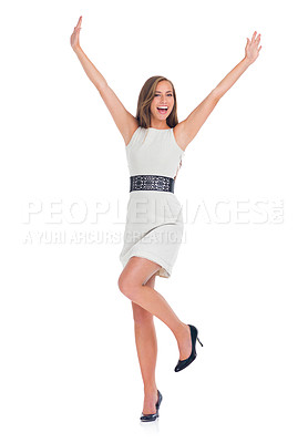 Buy stock photo Success, excited and business woman on a white background for winning, celebration and confident. Smile, corporate fashion and isolated portrait of girl for ceo, manager and professional promotion