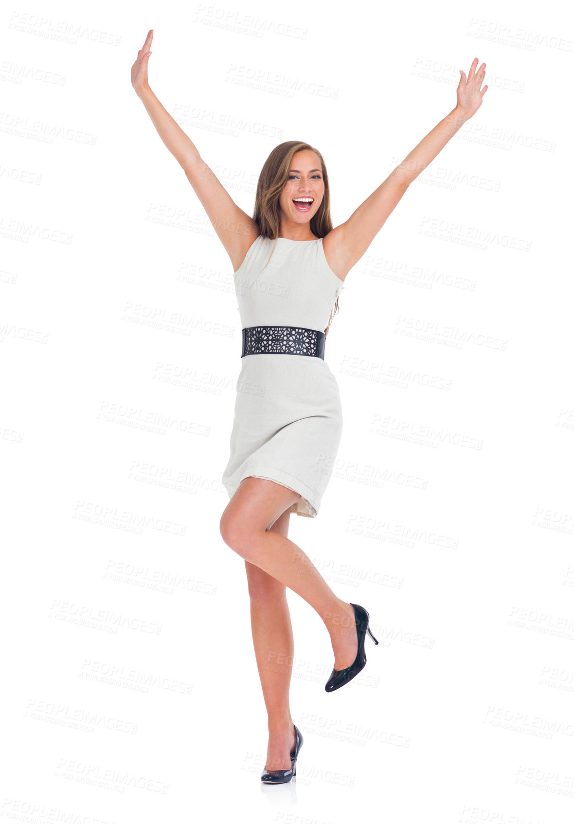 Buy stock photo Success, excited and business woman on a white background for winning, celebration and confident. Smile, corporate fashion and isolated portrait of girl for ceo, manager and professional promotion