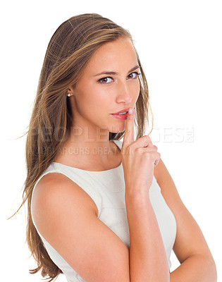 Buy stock photo Woman, secret portrait and finger on lips for whisper, announcement silence or silent hands gesture in white background. Model, relax face and hush noise sign or quite headshot isolated in studio 
