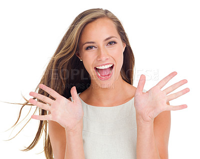 Buy stock photo Portrait, wow and a woman excited in studio isolated on a white background with a surprise hand gesture. Hands, motivation and winner with an attractive young female in celebration on blank space