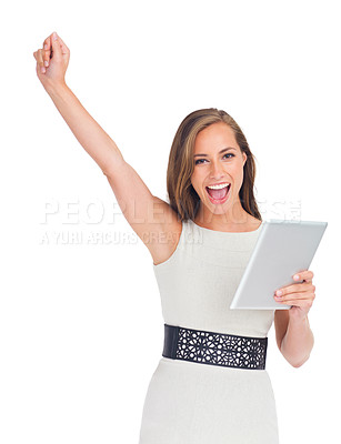 Buy stock photo Success, celebration and business woman with tablet in studio isolated on a white background. Winner, touchscreen and face portrait of female celebrating goals, target or victory, lottery or winning.