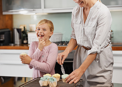 Buy stock photo Mother, hands or child baking in kitchen or happy family with a young girl learning cupcake recipe. Portrait, daughter or mom in home with muffin or smile for helping or teaching kid for development