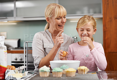 Buy stock photo Mother playing, flour or child baking in kitchen or happy family with an excited girl learning cupcake recipe. Home, daughter or fun mom with muffin, help or smile for teaching kid for development