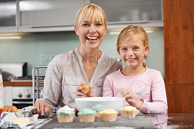 Buy stock photo Baking, children and kitchen portrait with mother and daughter, learning and cooking in home. Smile, family and development of food education, eggs or cupcakes for bonding with young child or parent 