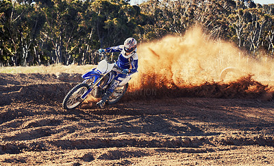 Buy stock photo Person, dirt bike and professional motorcyclist racing in extreme sports or competition on outdoor track. Expert rider on motorbike or scrambler for sand course, challenge or off road rally in nature