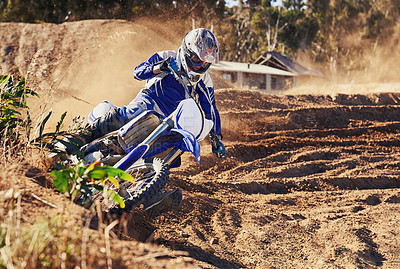 Buy stock photo Person, dirt bike and professional motorcyclist in extreme sports, competition or race on outdoor track. Expert rider on motorbike or scrambler for sand course, challenge or off road rally in nature