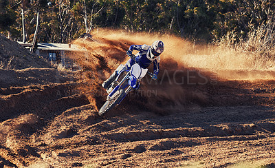 Buy stock photo Person, dirt racer and professional motorcyclist on bike for extreme sports competition on outdoor track. Expert rider on motorbike or scrambler for sand course, challenge or off road rally in nature