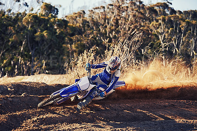 Buy stock photo Person, professional motorcyclist and dirt track for competition, extreme sports or outdoor race. Expert rider on motorbike or scrambler for sand course, challenge or off road rally track in nature