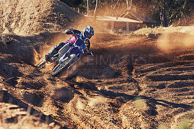 Buy stock photo Person, motorbike and professional motorcyclist in extreme sports for competition on outdoor track. Expert rider on dirt bike or driving for sand course, challenge or off road rally track in nature