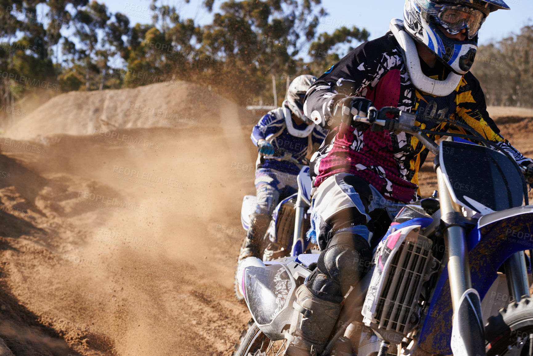 Buy stock photo People, race and professional motorcyclist with dirt bike for extreme sports or outdoor competition. Expert rider, friends or team on motorbike, training or sand course for off road rally challenge