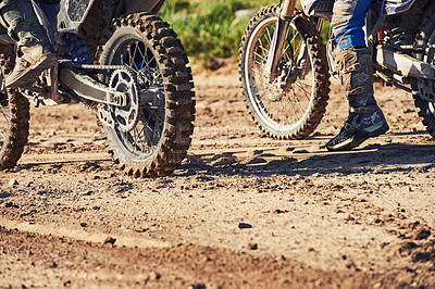 Buy stock photo People, sport and motorcycle in nature for training, challenge and race on sand path. Professional, adventure and motorbike for freedom, competition and adrenaline on Massachusetts off road track.