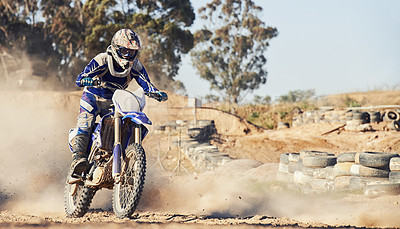 Buy stock photo Motorcycle, person and speed with dust cloud for games, contest or challenge in action for extreme sports. Racer, motorbike and dirt on path, road and trail in nature with fast transport in summer