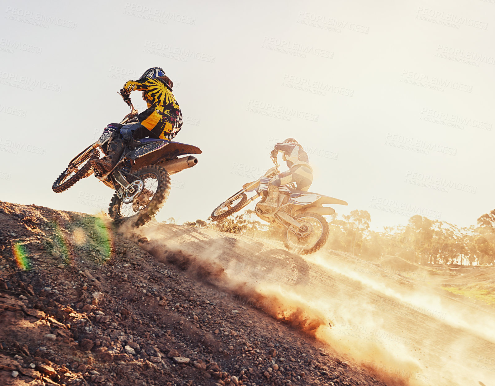 Buy stock photo Hill, racer and motorcycle in action for competition on dirt road with performance, challenge and adventure. Motocross, motorbike and dirtbike driver with stunt on offroad course and path for racing