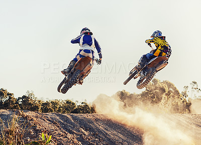 Buy stock photo Sport, racer and dirtbike in action for competition on dirt road with performance, challenge and adventure. Motocross, motorbike or motorcycle driver with helmet on offroad course and path for racing