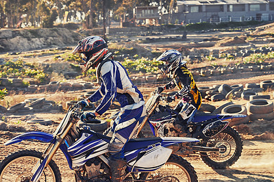 Buy stock photo Sport, racer and motorcycle on track for competition on dirt road with performance, challenge and adventure. Motocross, motorbike or dirtbike driver with helmet on offroad course or tyres for racing