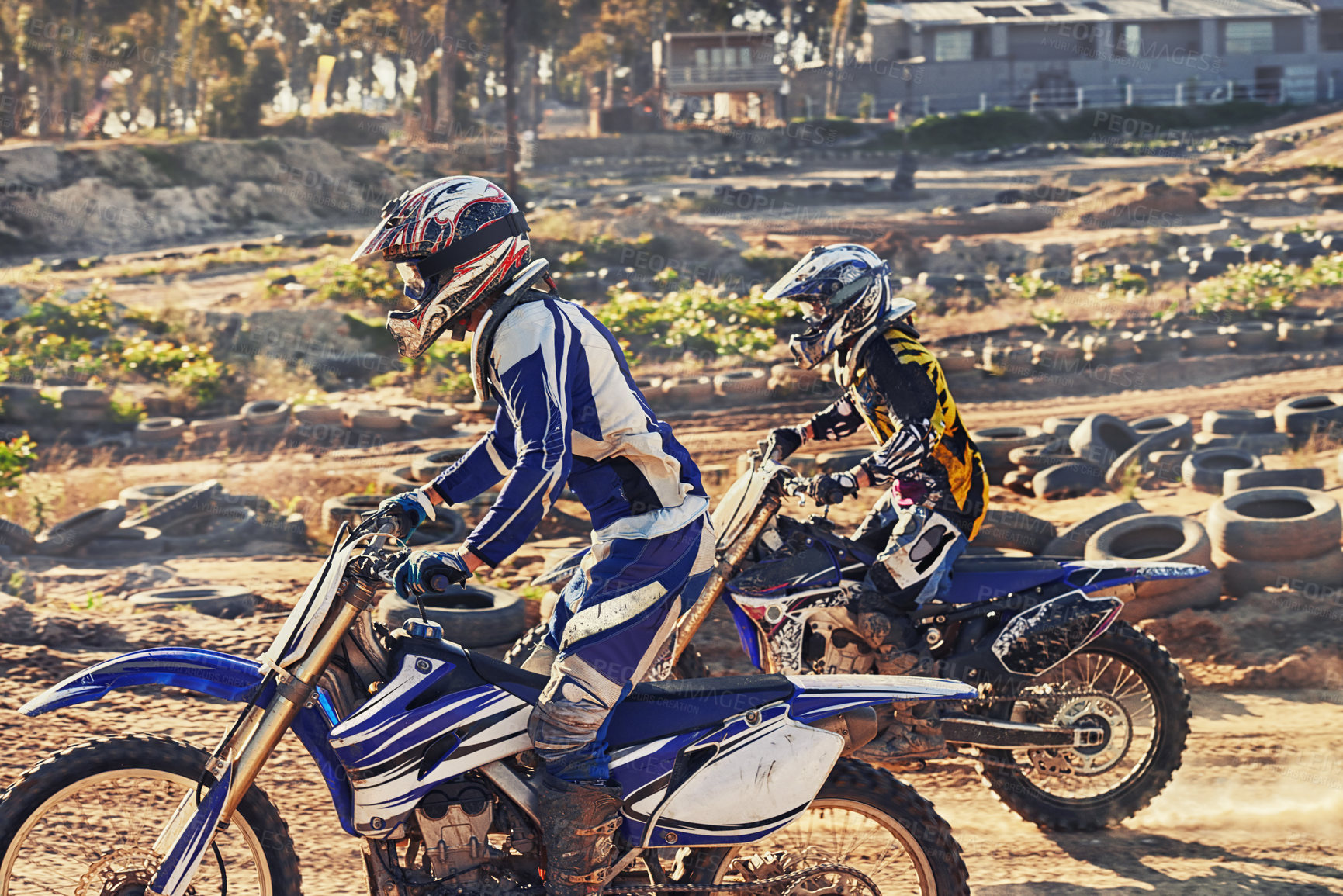 Buy stock photo Sport, racer and motorcycle on track for competition on dirt road with performance, challenge and adventure. Motocross, motorbike or dirtbike driver with helmet on offroad course or tyres for racing