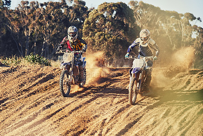 Buy stock photo Sport, racer and motorcycle in action for challenge on dirt road with performance, competition and adventure. Motocross, motorbike or dirtbike driver with helmet on offroad course and dust in racing