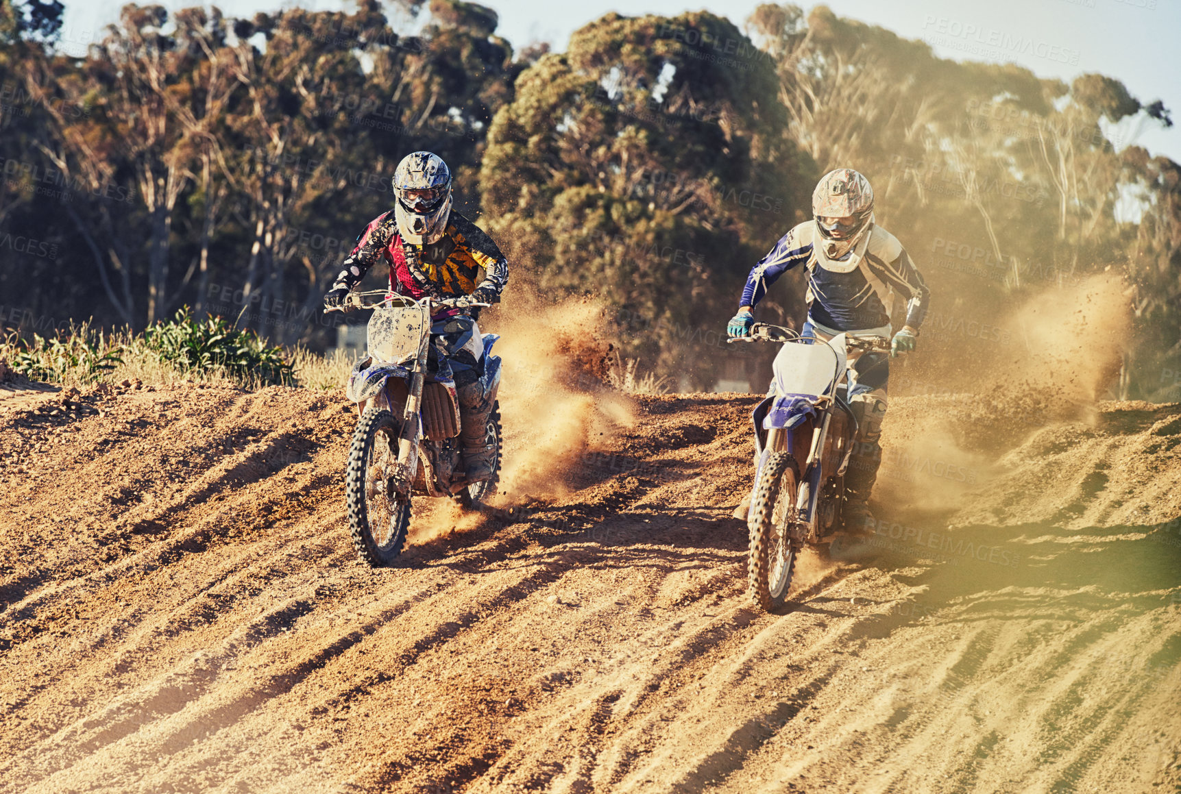 Buy stock photo Sport, racer and motorcycle in action for challenge on dirt road with performance, competition and adventure. Motocross, motorbike or dirtbike driver with helmet on offroad course and dust in racing