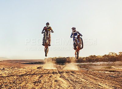 Buy stock photo Sport, racer and motorcycle in action for competition on dirt road with performance, challenge or adventure. Professional, motorbike or dirtbike driver with stunt on offroad course or path for racing