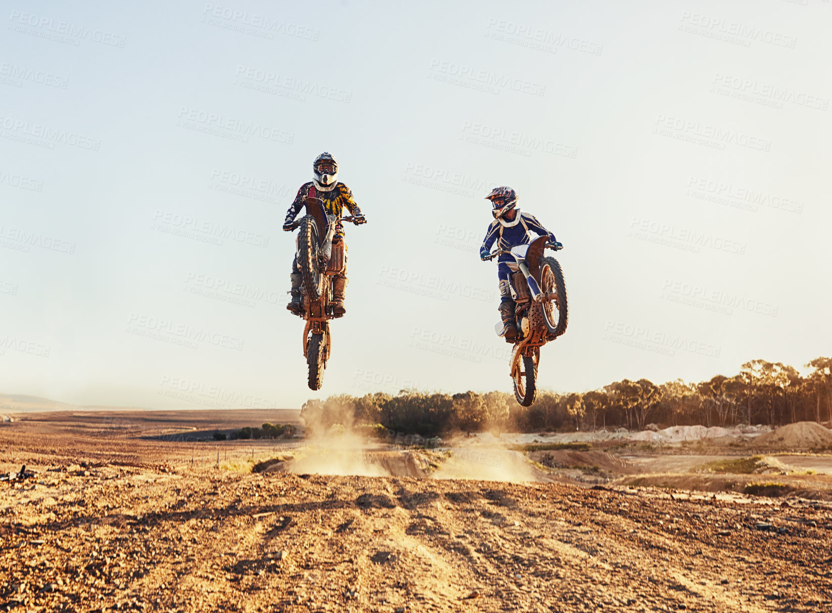 Buy stock photo Sport, racer and motorcycle in action for competition on dirt road with performance, challenge or adventure. Professional, motorbike or dirtbike driver with stunt on offroad course or path for racing