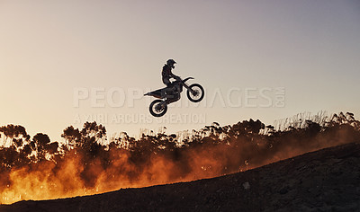 Buy stock photo Person, jump and professional motorcyclist in the air on mockup for trick, stunt or ramp on outdoor dirt track. Expert rider on motorbike with lift off for extreme sports or rally challenge in nature