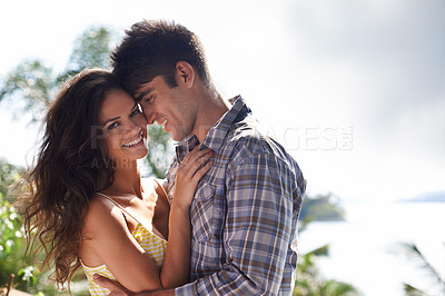 Buy stock photo Travel, date and portrait of couple with smile from happiness for sun in outdoor adventure. Partners, man and woman together for break in Jamaica for anniversary of romance, love and getaway