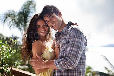 Buy stock photo Hug, vacation and portrait of couple with smile from happiness for sun in outdoor adventure. Partners, man and woman together for break in Jamaica for anniversary of romance, love and dating
