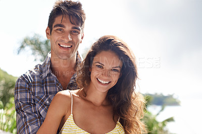 Buy stock photo Couple, portrait and smile in nature, love and affection on honeymoon vacation. Happy wife, husband and embracing on trip to Hawaii, tropical and ocean in summer, romance and bonding outdoors